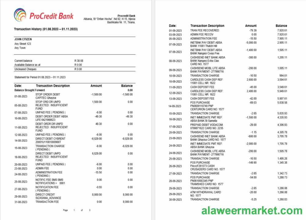 Albania ProCreditBank bank statement Word and PDF template, 3 pages